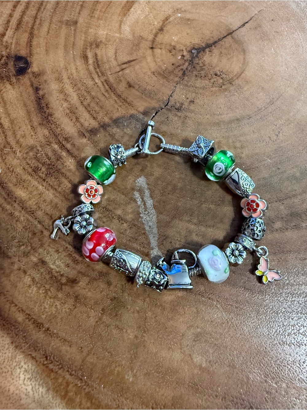 Silver-Tone Beaded Charm Bracelet with Green and Pink Glass Beads